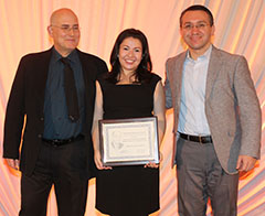 Alba Rojas-Cordova (centered), along with Dr. Edward H. Kaplan (INFORMS President, Yale School of Management) and the person on the right is Dr. Murat Kurt (Chair of the Bonder Scholarship Committee, Merck Research Labs) Alba Rojas-Cordova